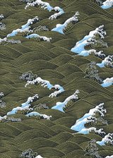 Traditional Japanese wave pattern with white and blue waves on a green background