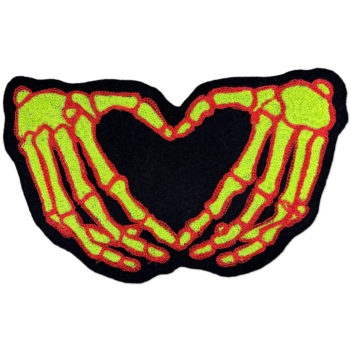 Chainstitch patch of two skeleton hands forming a heart shape