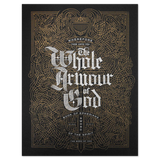 Decorative poster with intricate gold designs and text on a black background