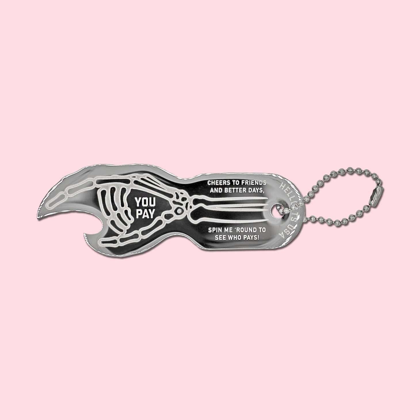 Bottle opener/keychain with a skeleton hand design