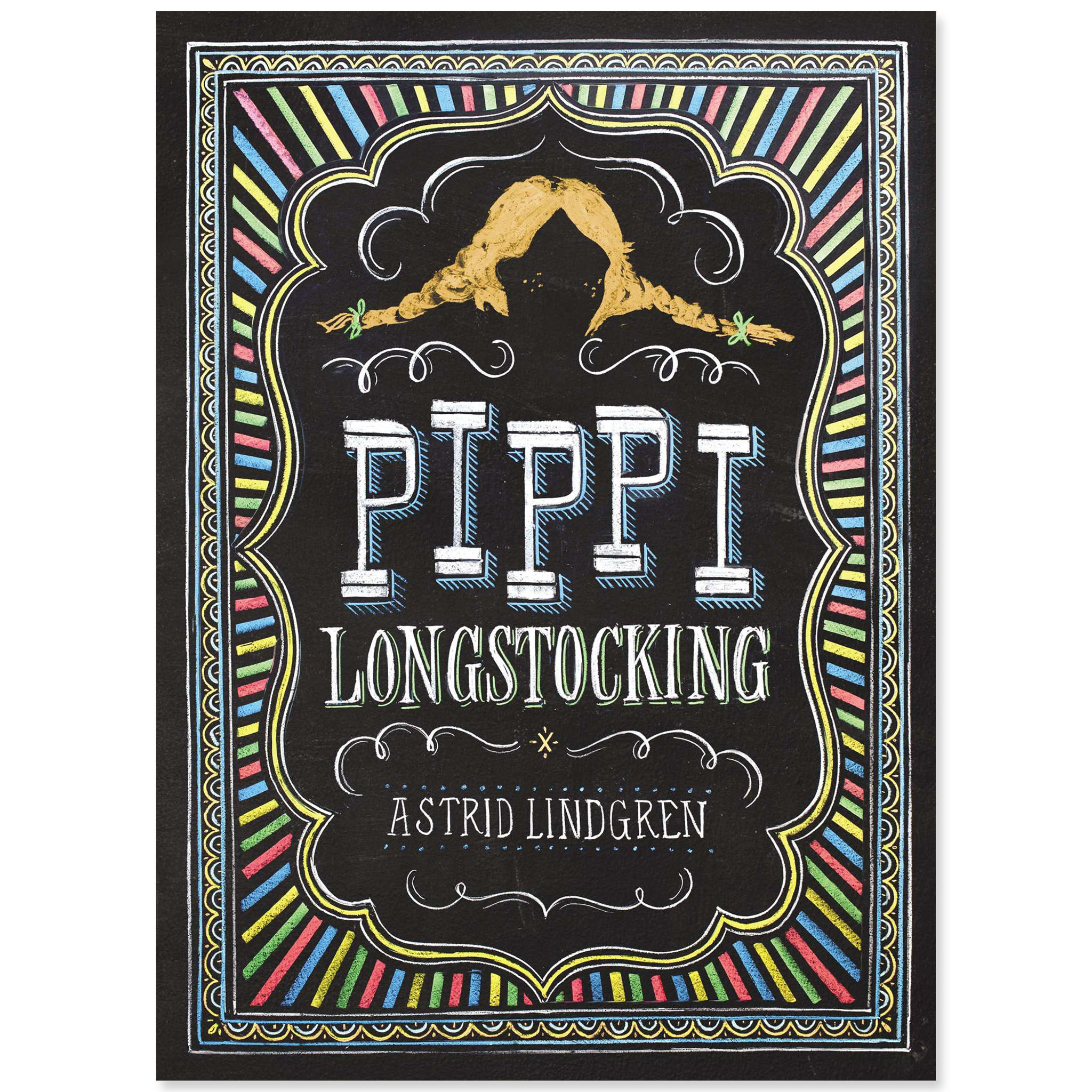 Book cover of 'Pippi Longstocking' by Astrid Lindgren with colorful border