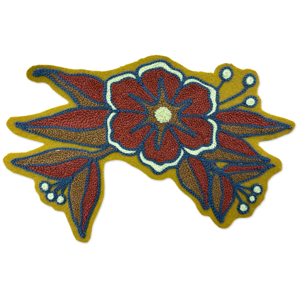 A chainstitch floral patch featuring a large red flower with blue and white outlines, surrounded by red and blue leaves on a mustard yellow background, isolated on a white background.