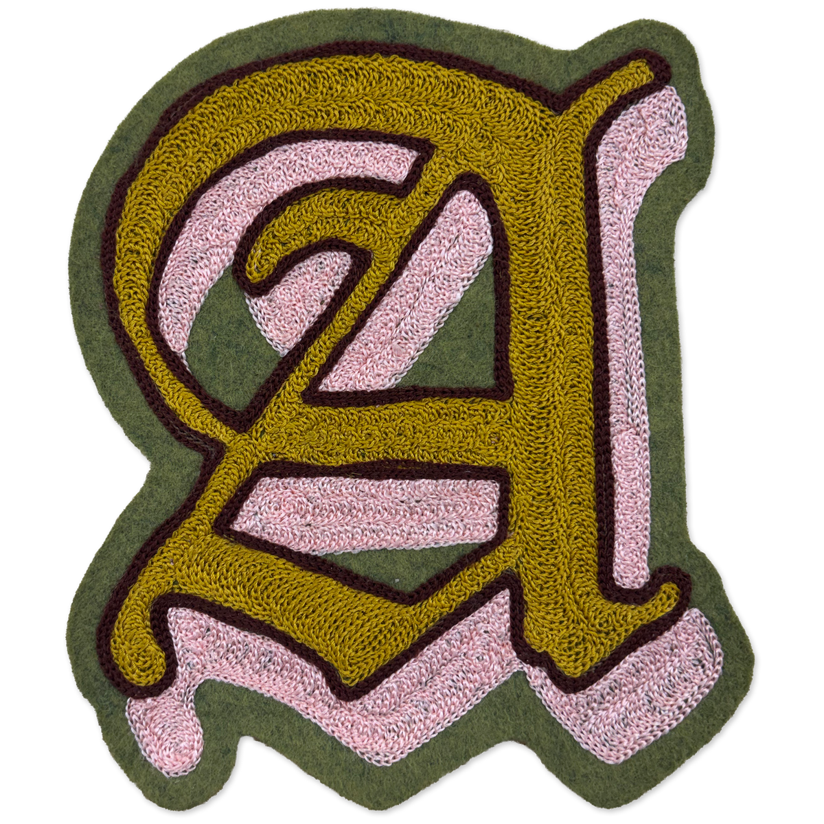 A hand-made chainstitch letter 'A' patch featuring a gold-yellow fill, light pink sections, a dark brown outline, and an olive green outer border, shown on a plain white background.