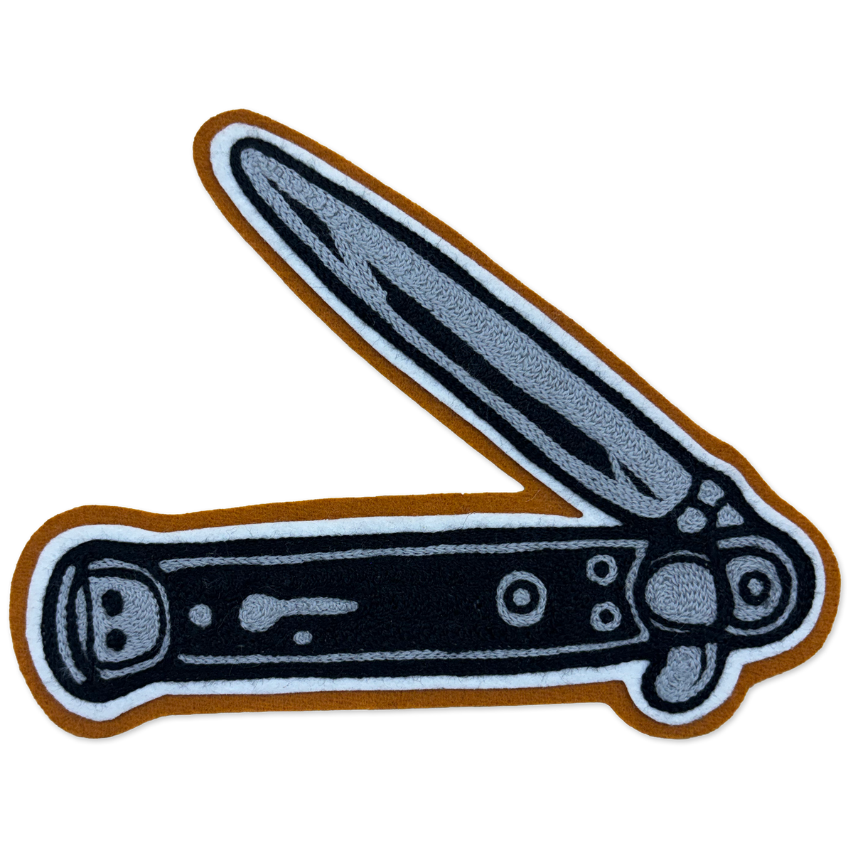 An embroidered patch of a folding pocket knife shown open, featuring a textured gray blade and handle with black details, a brown outer border, and a white inner outline, isolated on a white background.