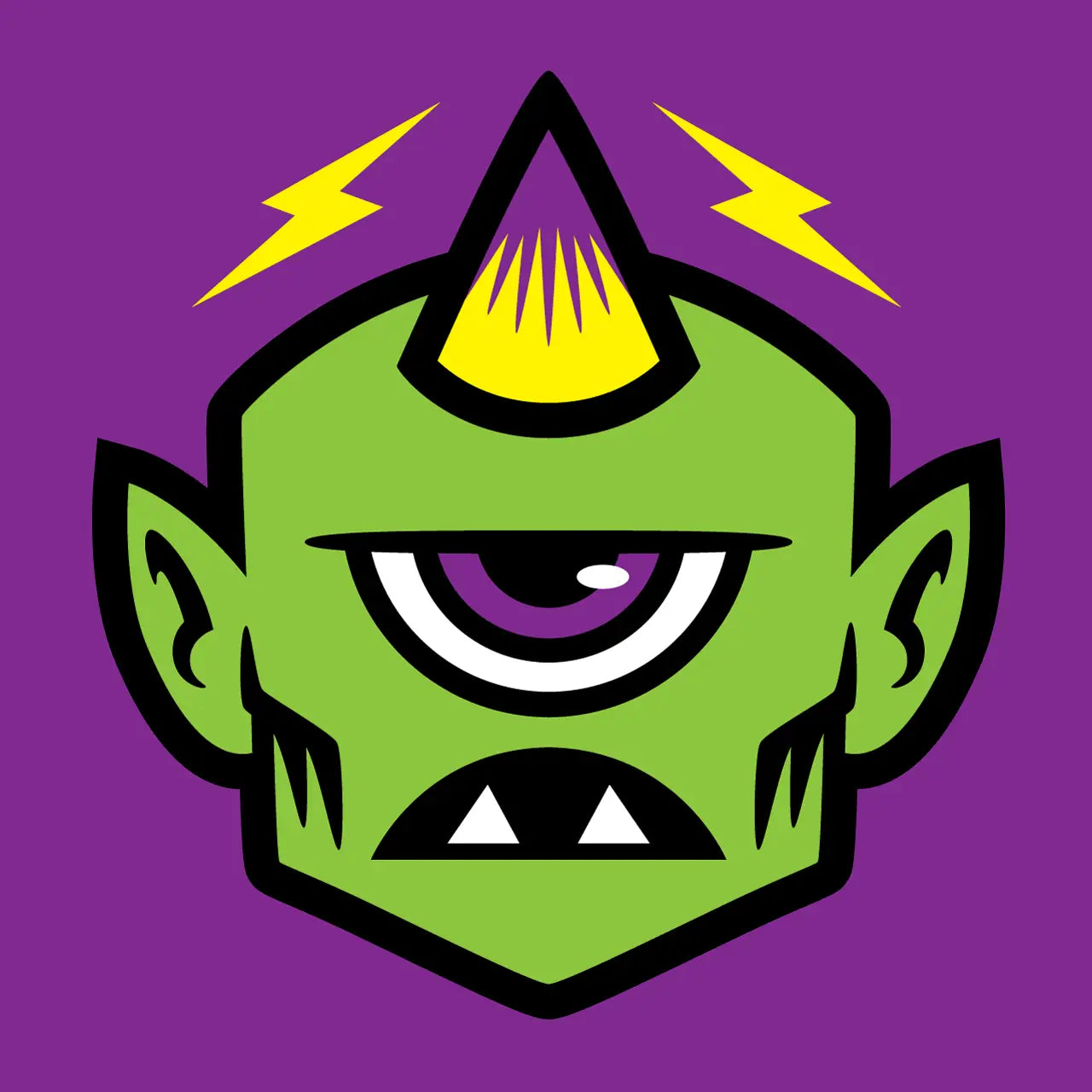 A stylized green monster head graphic with a single purple eye, black outline, yellow horn with lightning, and white teeth on a solid purple background.