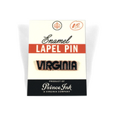 A packaged enamel lapel pin with 'Virginia' text on it, copper color, from Prince's Ink brand.